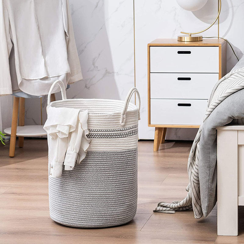 Cotton string knitted storage basket in neutral tones, ideal for home organization and decor.