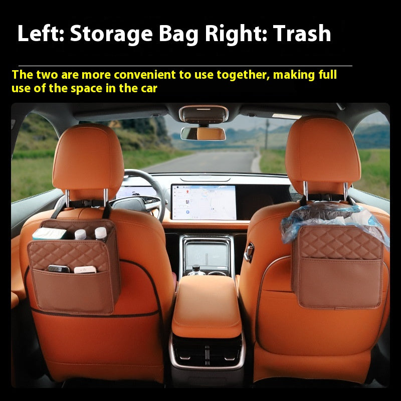 Aiqi car seat back storage bag hanging on vehicle seat, multifunctional organizer for trash and small items.