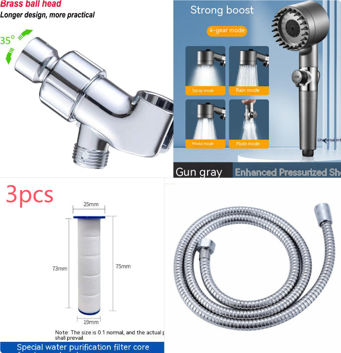 Aiqi Third Gear Adjustable Supercharged Shower Head with flexible hose in a bathroom setting, showcasing its sleek design and multiple spray settings.