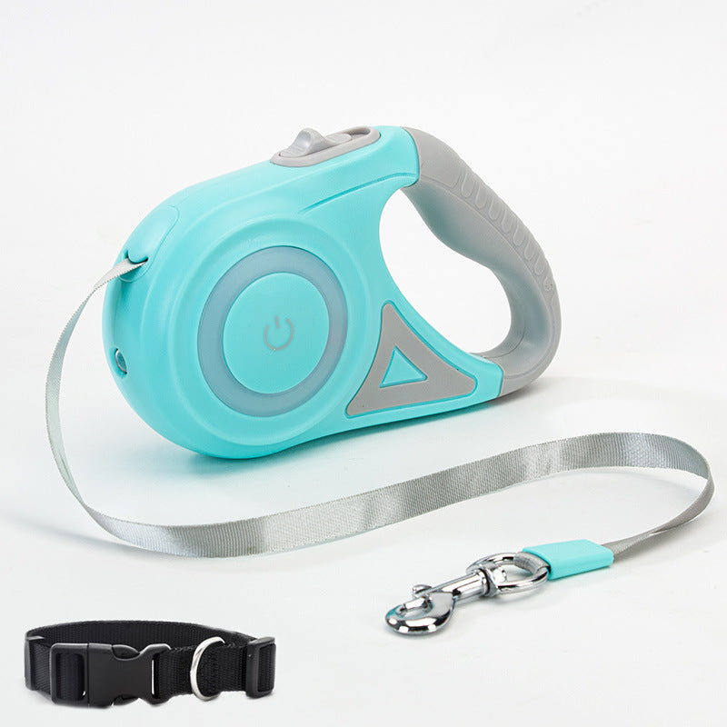 A retractable dog leash and collar set by Aiqi, featuring a spotlight, suitable for small and medium dogs, with a traction rope.