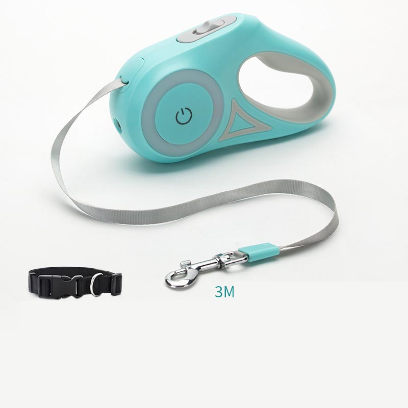 Aiqi retractable dog leash with adjustable collar and spotlight, suitable for small and medium dogs, showing the leash and collar on a pet.