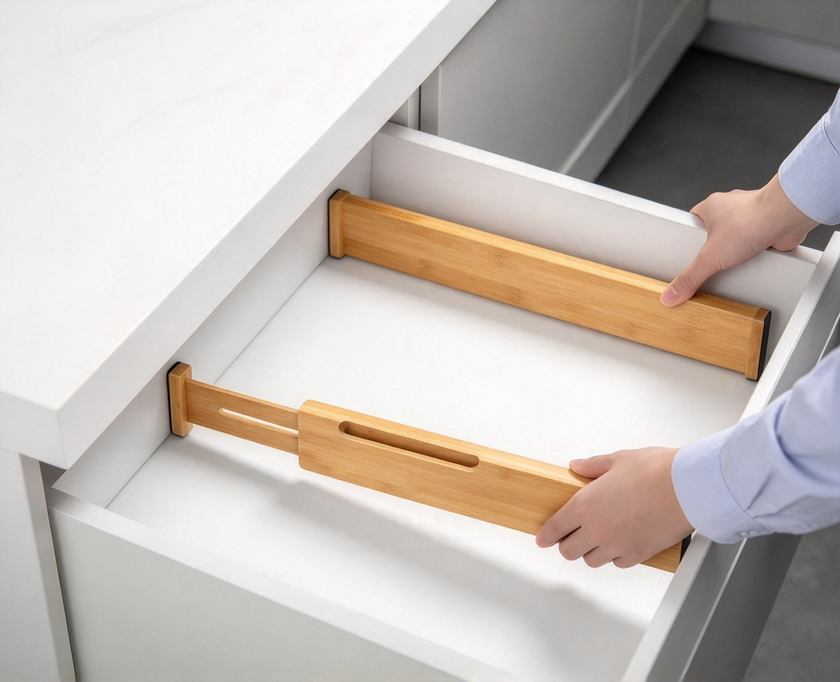 AIMI-HOME bamboo drawer divider for kitchen organizer, showing wooden adjustable dividers in a kitchen drawer.