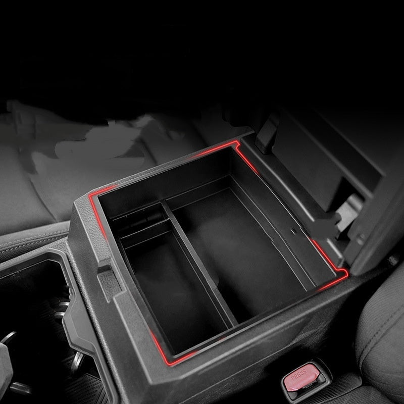 RenFan Central Control Storage Armrest Box for vehicle, showing upgraded privacy storage compartment with modified pieces inside.