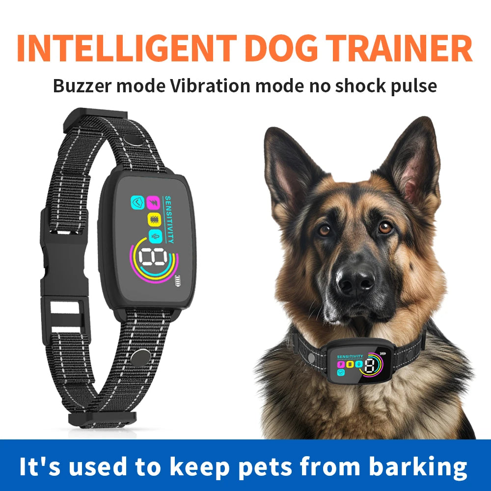 Jingqian smart rechargeable anti-barking dog collar with HD digital display, waterproof design, and anti-bark stopper for pets.