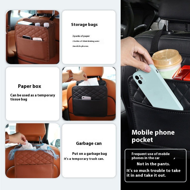Aiqi car seat back storage bag hanging on the seat, with multiple compartments for organizing car essentials and trash.