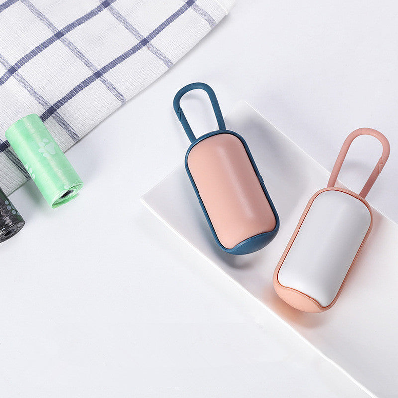 Portable RenFan pet poop bag holder and dispenser for cats and dogs, compact garbage bag carrier for pet waste cleanup.