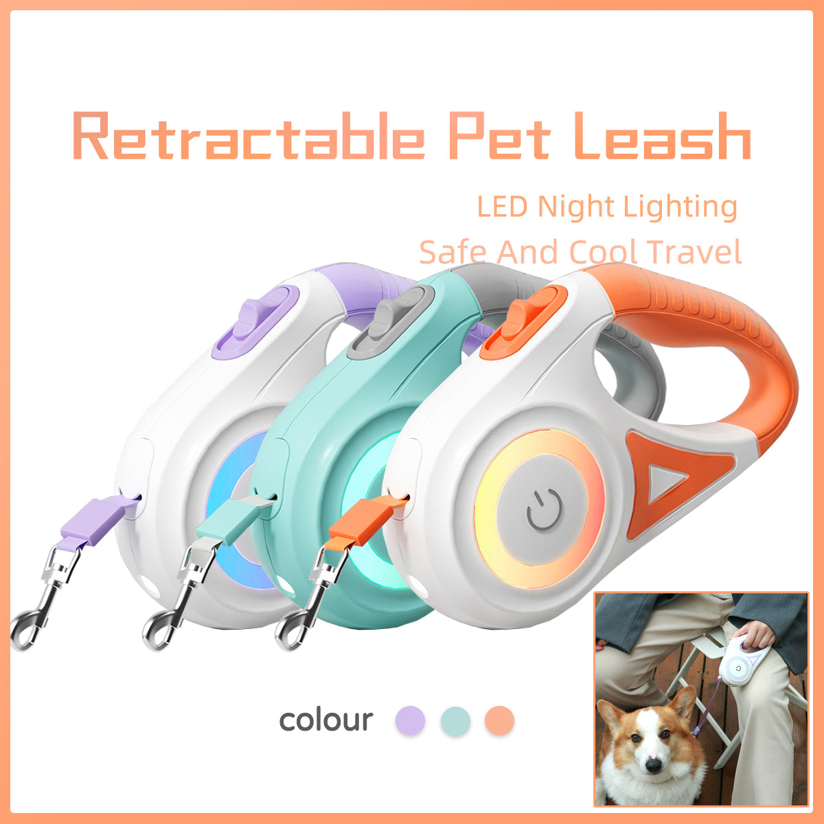 Aiqi retractable dog leash with adjustable collar, suitable for small to medium dogs, featuring automatic traction and a spotlight.