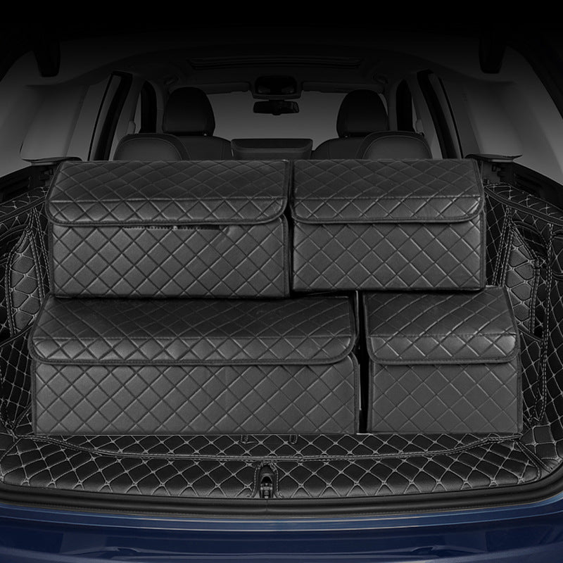 Aiqi multifunctional leather foldable car trunk and storage box with multiple compartments for organized vehicle storage.