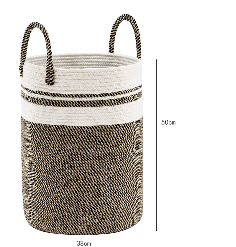 Cotton string knitted storage basket by RenFan, home organization container with a woven, natural design for household storage.