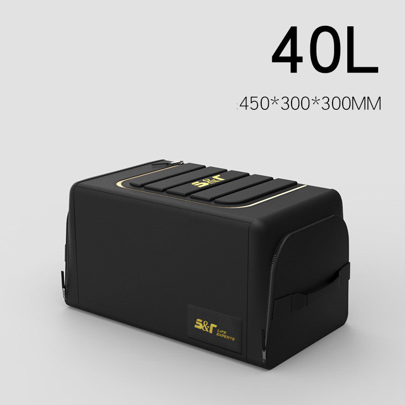 Aiqi car trunk storage box, foldable tail box organizer for vehicle storage, shown folded and extended in a car trunk.