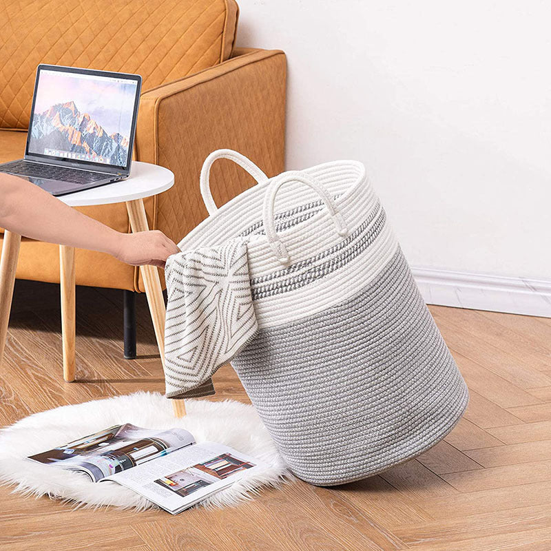 Cotton string knitted storage basket by RenFan, home organization basket with a woven design, ideal for living room or bedroom storage.