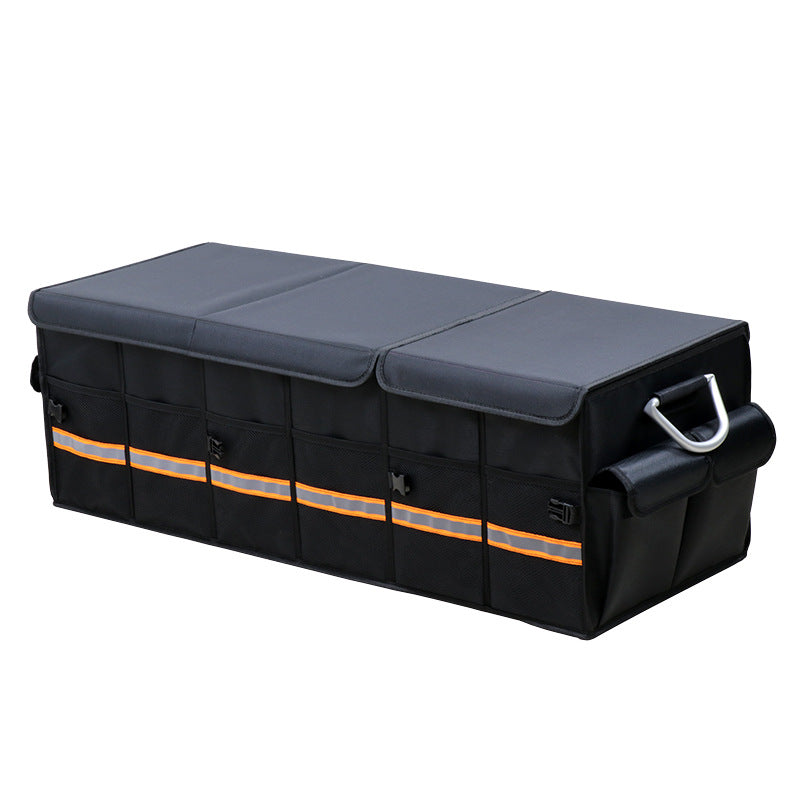 Foldable Aiqi car trunk organizer with lid, heavy-duty collapsible storage box for sedan and SUV cargo organization.