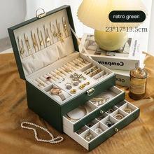 Large PETART leather jewelry box with three-tier drawers, gold accents, for necklaces, earrings, and bracelets storage.