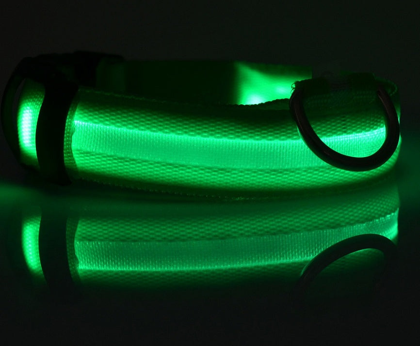 Jingqian nylon LED pet collar with glowing night safety light for dogs and cats, adjustable and suitable for nighttime walks.