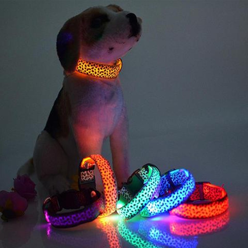 LED dog collar by RenFan featuring adjustable nylon material with a stylish leopard print for pet safety and visibility.
