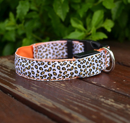LED dog collar by RenFan featuring adjustable nylon leash with a leopard print design for pet safety and visibility.