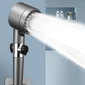 Aiqi Third Gear adjustable supercharged shower head with flexible hose for household bathroom use, showing water spray and sleek design.