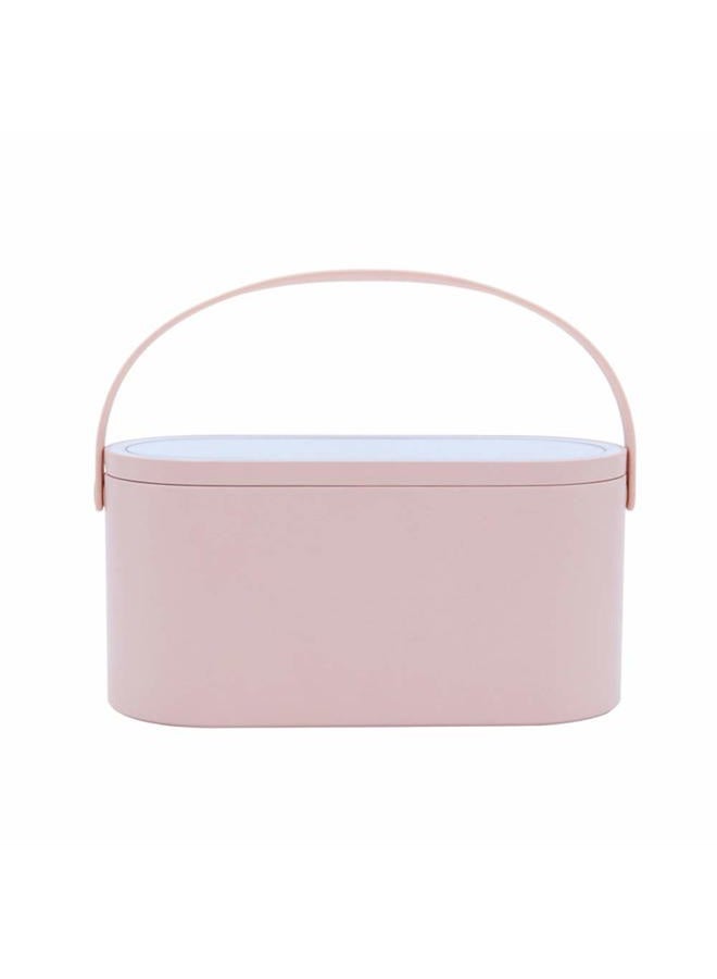 Portable makeup storage case with built-in LED mirror and handled organizer base.