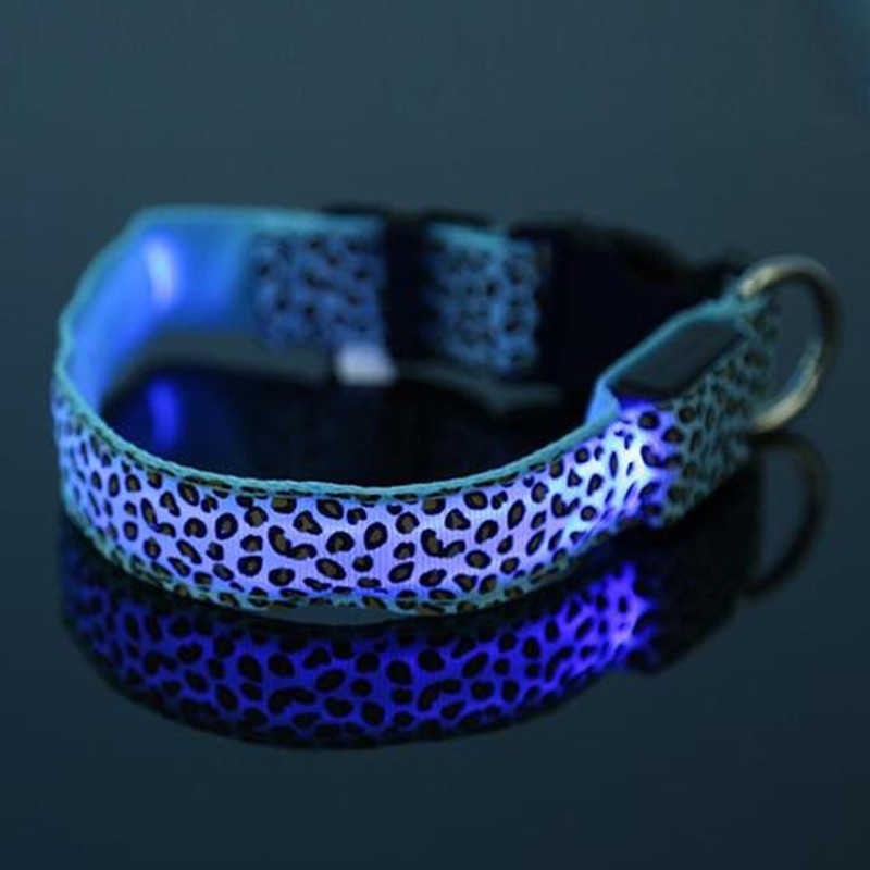 LED dog collar by RenFan featuring adjustable nylon material with a stylish leopard print for pet safety and visibility.