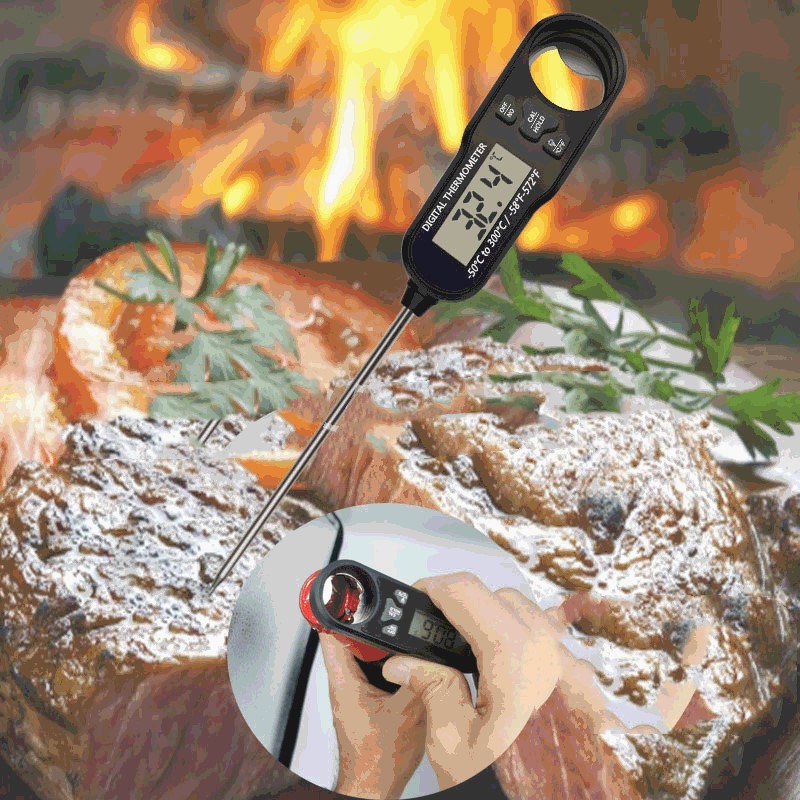 Aiqi instant-read meat thermometer showing a digital display for accurate cooking temperature measurement.