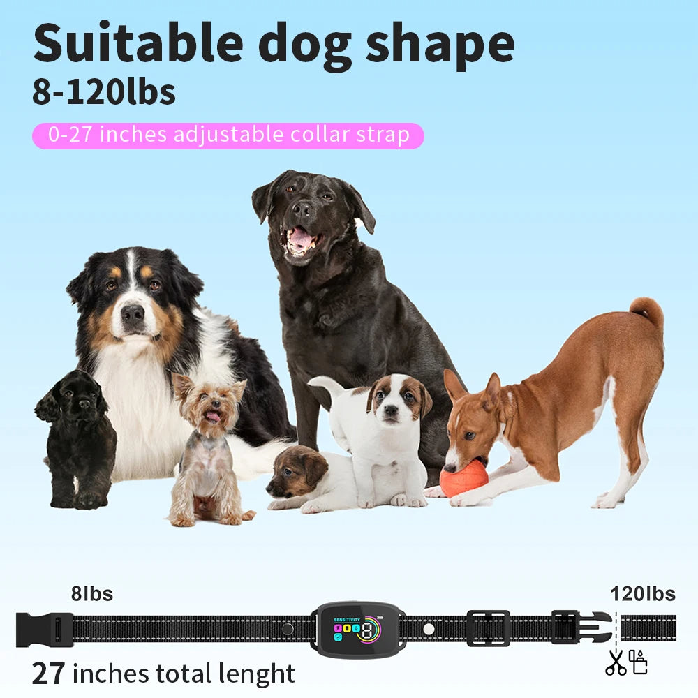 Jingqian smart automatic anti-barking dog collar with HD digital display, waterproof design, rechargeable bark stopper for pets.