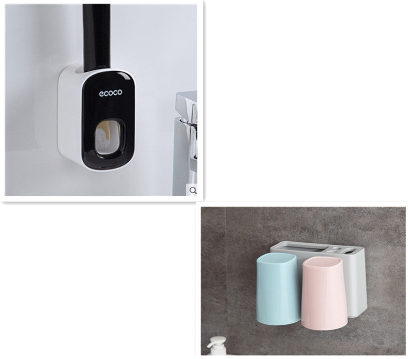 RenFan wall-mounted automatic toothpaste holder with bathroom accessories set, dispenser and storage compartments visible in the image.