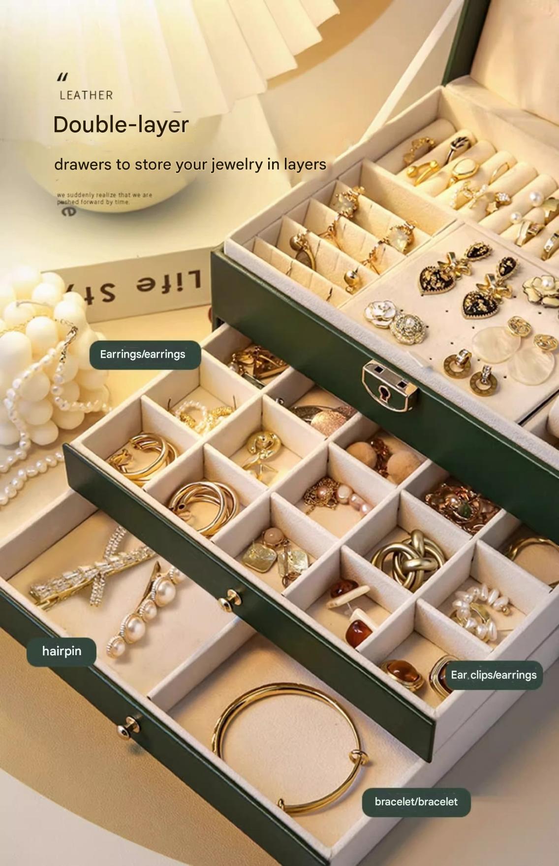 Large leather jewelry box with three-tier drawers for necklaces, earrings, and bracelets, gold accents, by PETART.