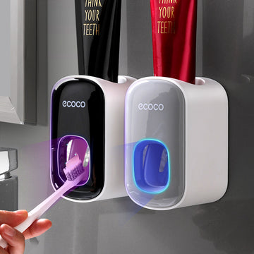 Wall-mounted automatic toothpaste dispenser and bathroom accessories set by RenFan, sleek bathroom用品 with dispenser and holder.