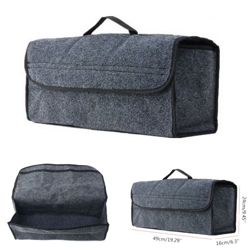 Felt car storage organizer with handle placed in a vehicle for tidy trunk and seat storage.