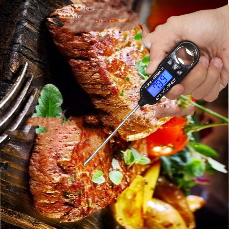 Aiqi instant-read meat thermometer with digital display, designed for kitchen use to quickly check meat temperatures.