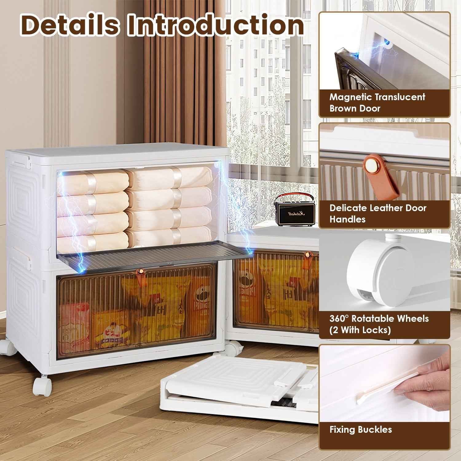 4Pc Foldable Storage Bins With Lid Front Magnetic Door Collapsible Stackable Closet Organizer Containers With 4Pcs 360 Degree Rotatable Wheels