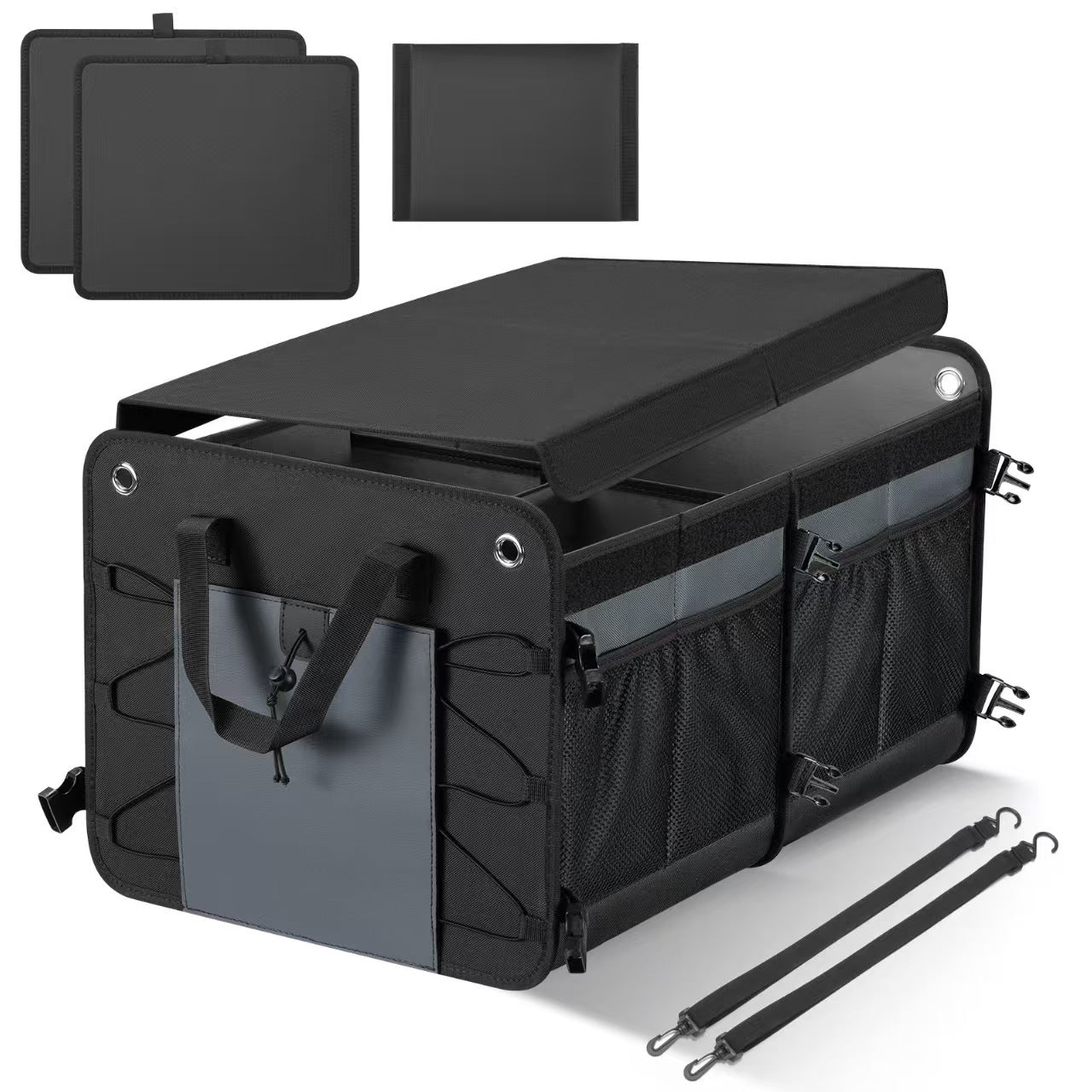 Aiqi multifunctional car trunk storage box with compartments for organizing belongings in a vehicle's cargo space.