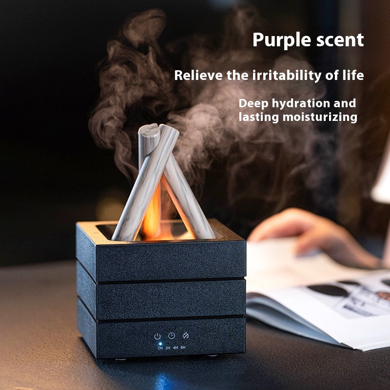 RenFan high flame effect aromatherapy humidifier emitting mist with a flame-inspired design, adding ambiance and moisture to the room.
