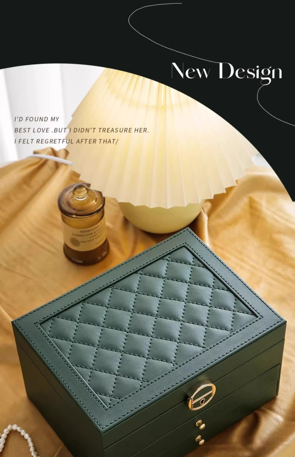 Large leather jewelry box by PETART with three-tier drawers for necklaces, earrings, and bracelets, ideal for home storage.