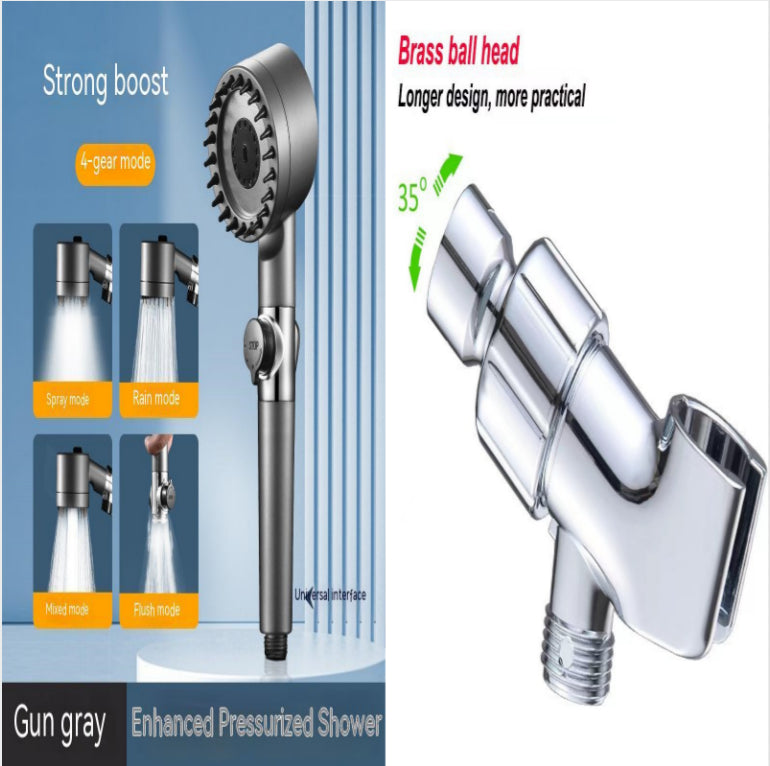 Aiqi Third Gear adjustable supercharged shower head connected to a shower hose in a bathroom setting.