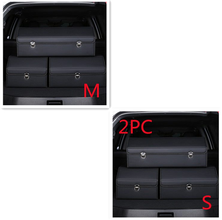 Foldable RenFan trunk storage box in car, showing its compact, customizable design with open and closed views.