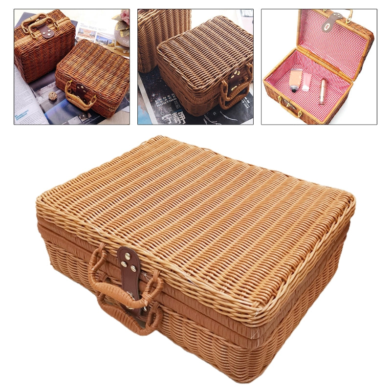 Rattan cosmetic storage box by RenFan, stylish home organizer for makeup and beauty products, natural woven design.