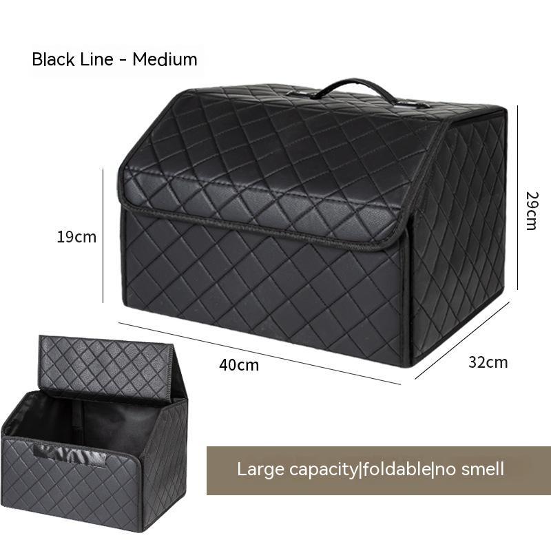 Aiqi multifunctional leather foldable car trunk storage box with compartments and handles in a vehicle trunk.