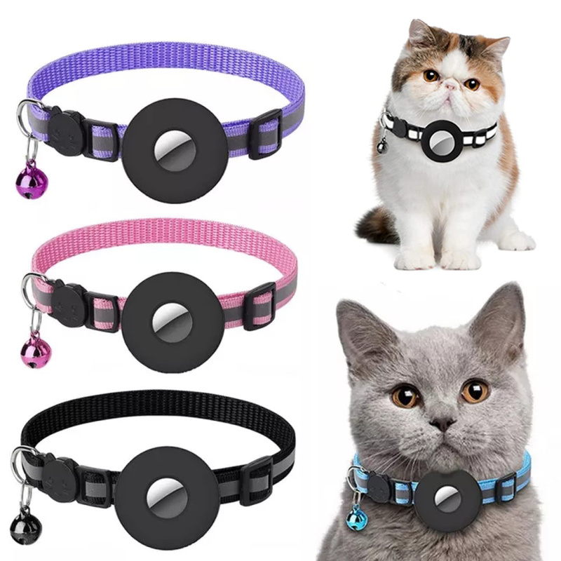 Reflective waterproof Airtag holder case on a nylon pet collar, designed for cats and dogs by Jingqian pet supplies.