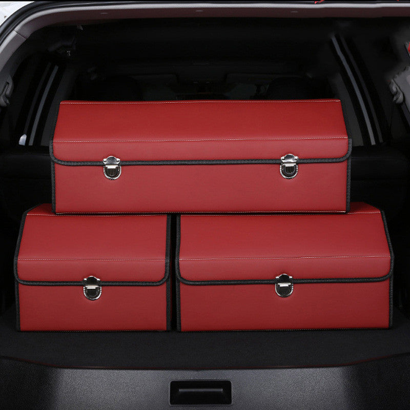 Foldable RenFan trunk storage box in a car trunk, showing its compact, customizable design for vehicle organization and storage.
