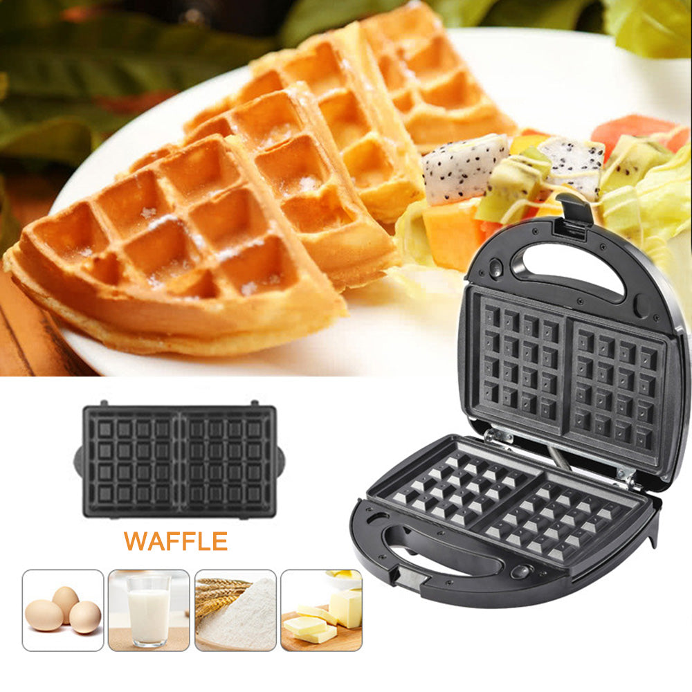 Aiqi 6-in-1 waffle maker with EU plug, showing sandwich, grill, and doughnut plates for versatile breakfast and kitchen use