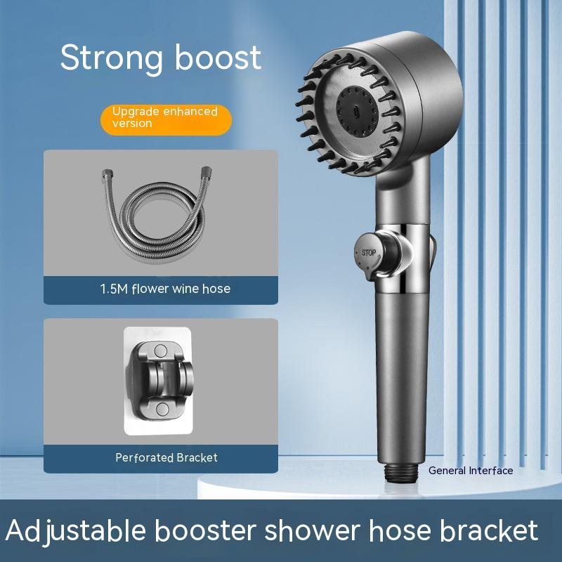 Aiqi Third Gear Adjustable Supercharged Shower Head with flexible hose, chrome finish, and multiple spray settings for household baths.