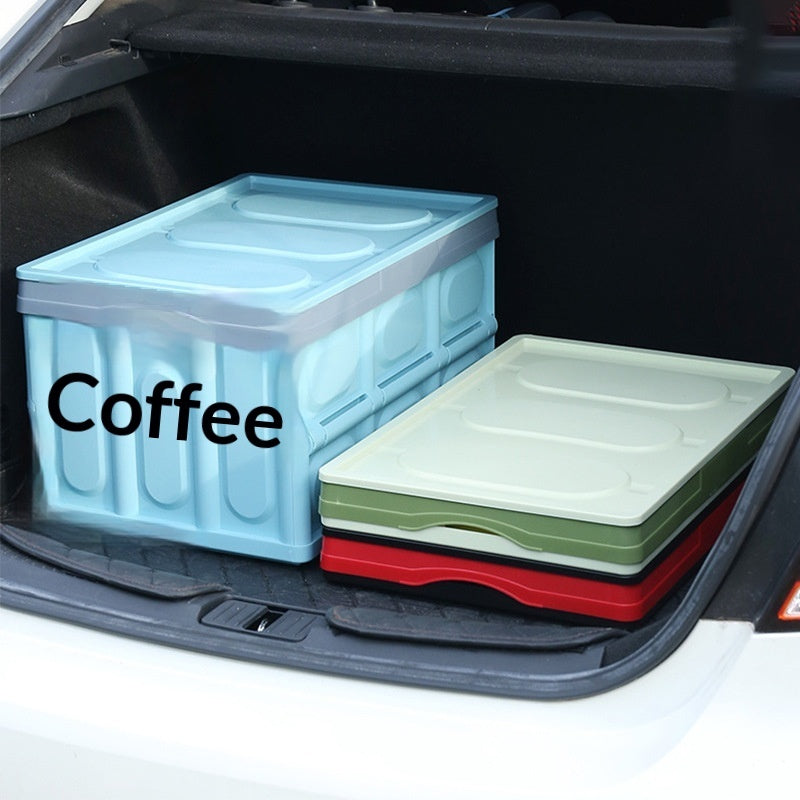 Foldable car trunk storage box with compartments for organizing tools, groceries, and travel gear.