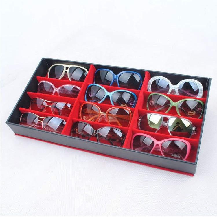 RenFan black glasses storage box with grid compartments and PU leather exterior for sunglasses display and organization