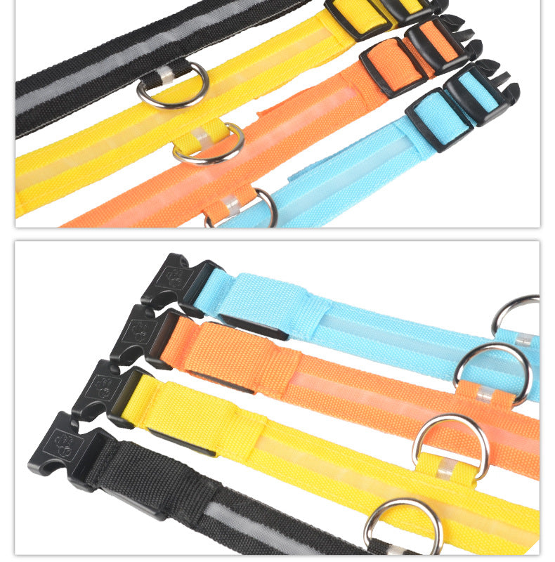 Nylon LED pet collar with flashing glow, adjustable night safety leash for dogs and cats, in bright luminous colors.