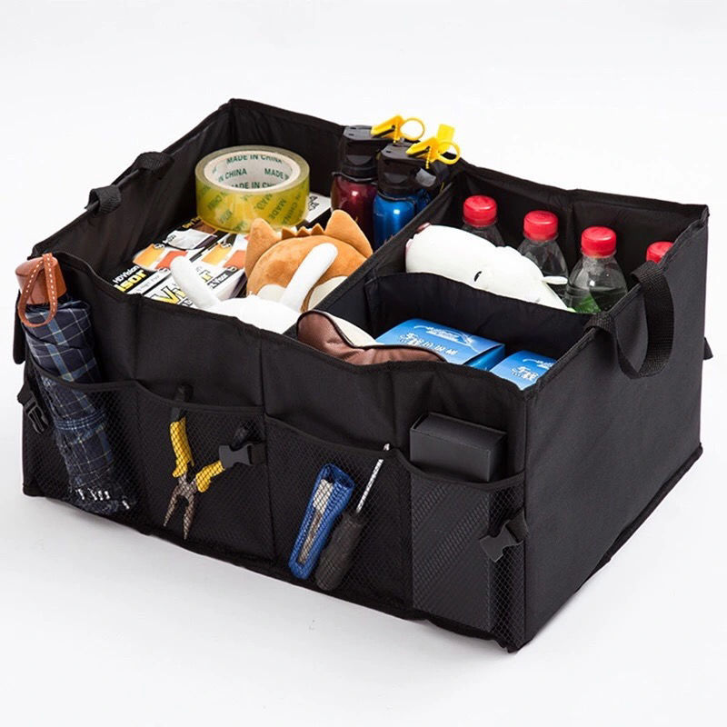 RenFan car trunk storage box, multifunctional folding organizer for in-car tools and supplies, neatly arranged in a vehicle trunk.