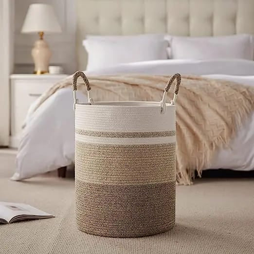 Cotton string knitted storage basket by RenFan, ideal for home organization, featuring a soft, woven design for versatile use.