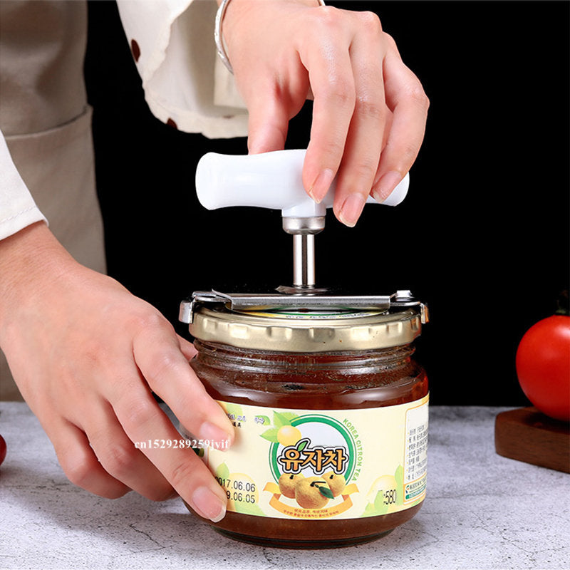 RenFan stainless steel can opener with adjustable jar opener, manual spiral lid remover, twist-off screw bottle opener, kitchen tool.