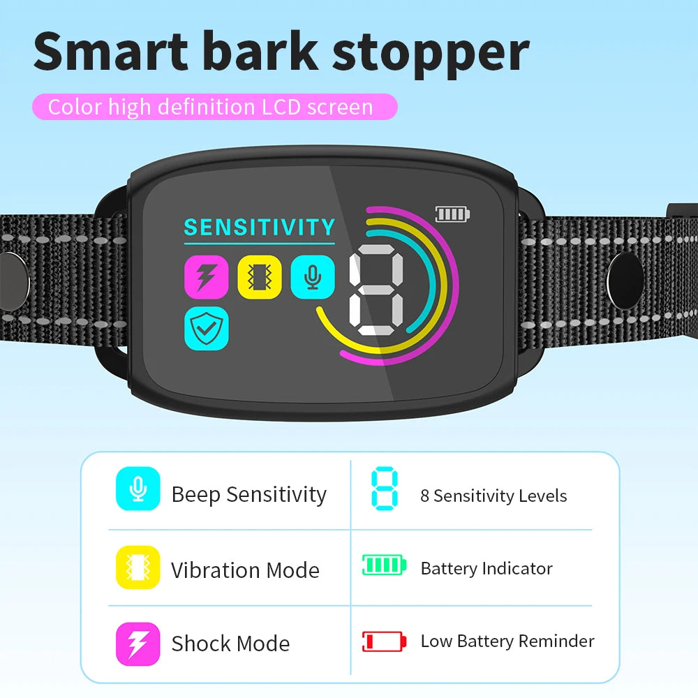 Jingqian smart rechargeable anti-barking dog collar with HD digital display, waterproof design, and anti-bark stopper for pets.