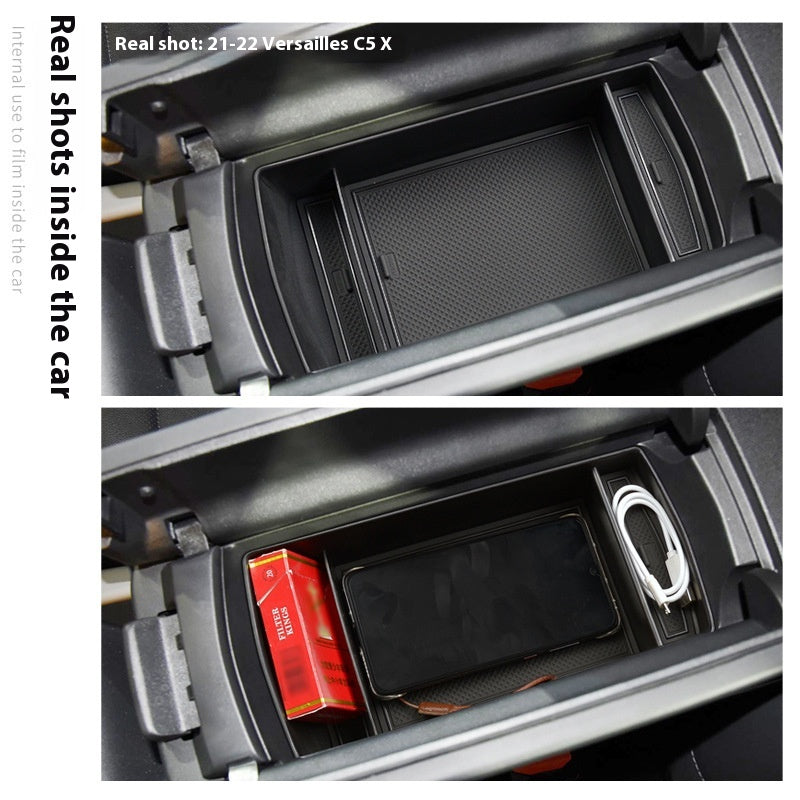 Aiqi automobile armrest box cover storage inside a car, showing the interior decoration and storage compartment design.